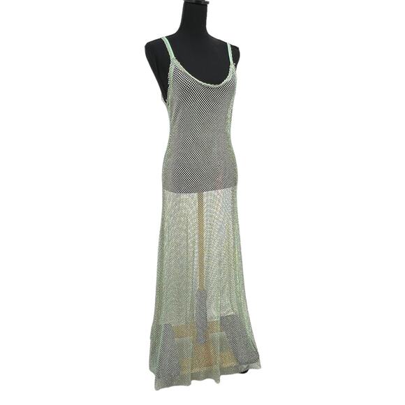 New Free People Sheer Open Weave Slip Maxi Dress Green Rhinestone Boho Beach - Picture 4 of 16